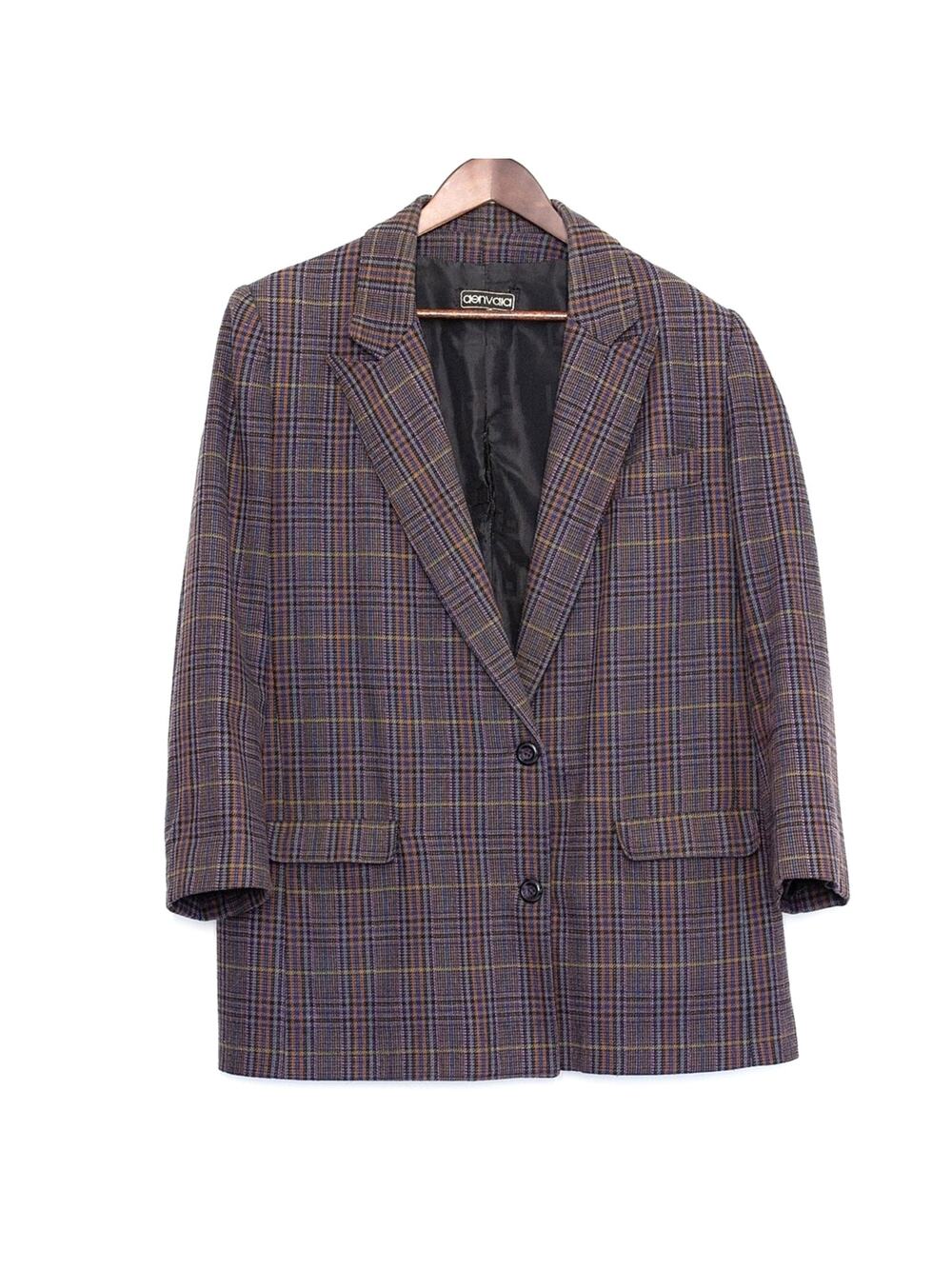 VTG 90s Aenvia Wool Plaid Oversized Blazer Women L XL Brown Pink Purple Academia